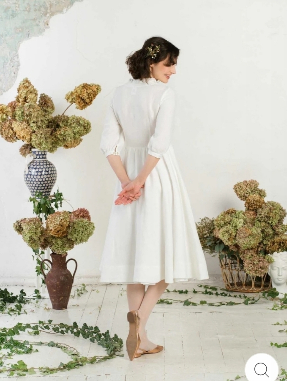 Women's White Linen Wedding Dress/Reception Dress Mid-calf Length - Picture 7 of 7